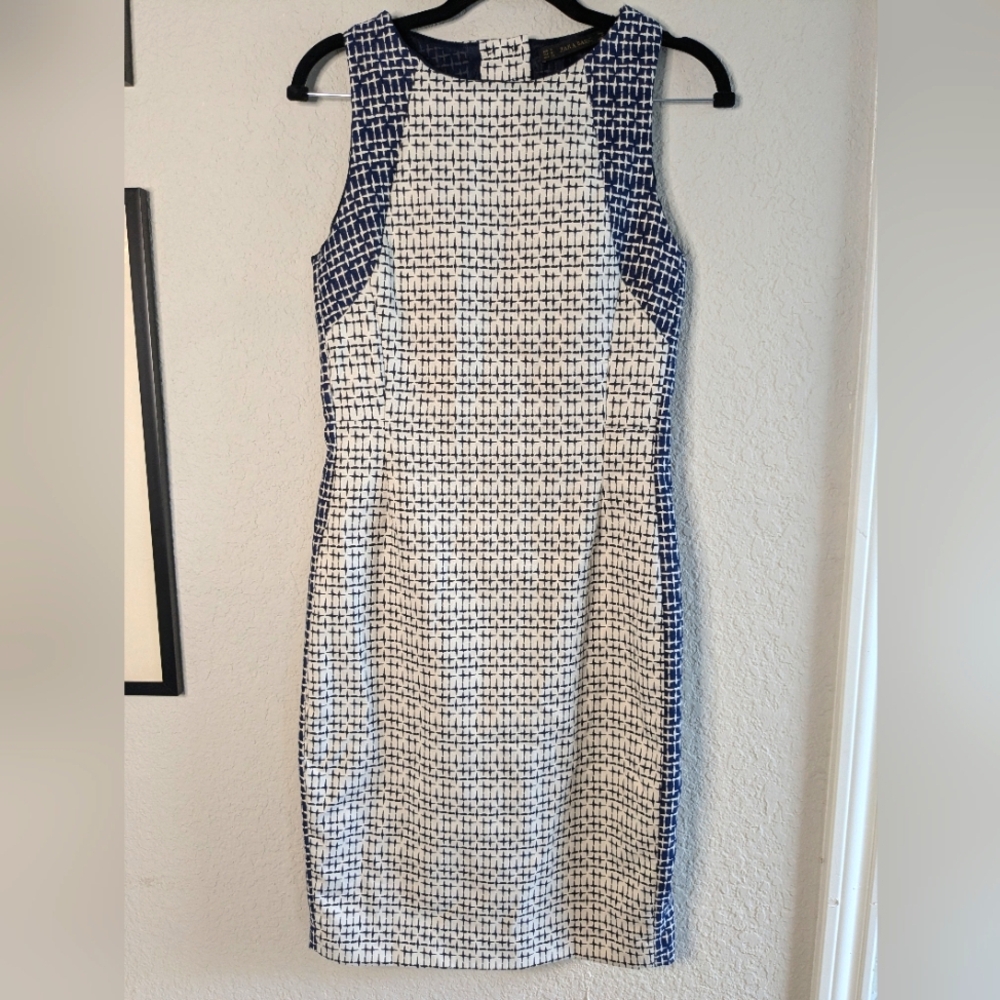 Zara Basic Shift Dress Open Back Sleeveless Blue White Size M Midi Office Work